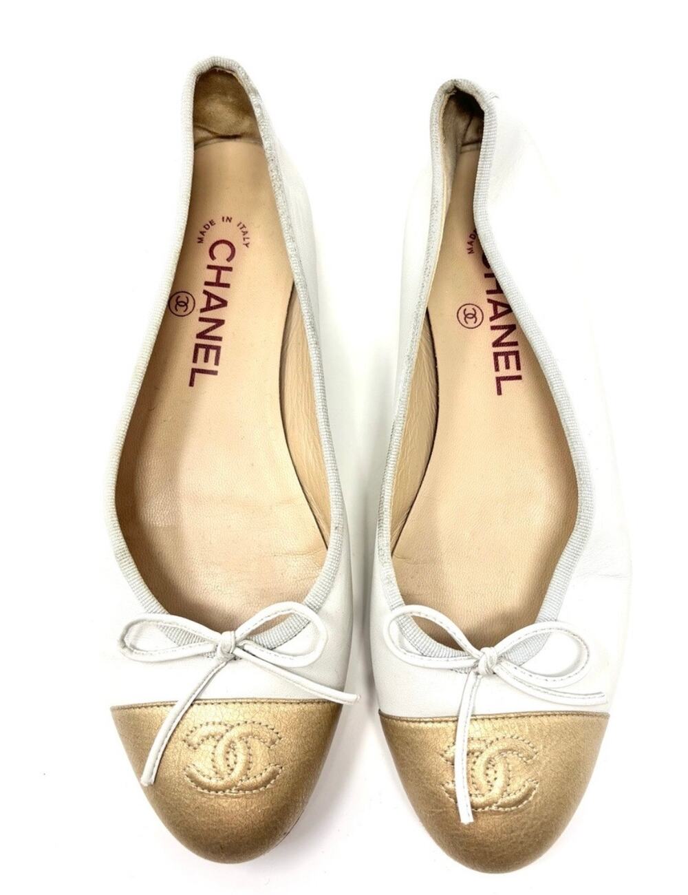 Chanel CC Cap Toe Ballet Flats Classic Kidskin Leather Cream Gold Bow EU 37.5
